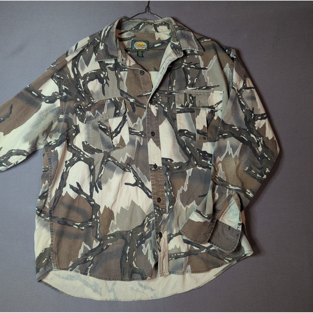 Vintage Cabelas USA Fabric Camo Soft Button Shirt Men Large Hunting Fishing VTG